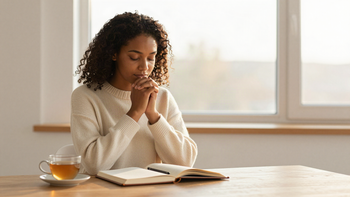 Young woman praying by a sunlit window with her hands folded over an open journal