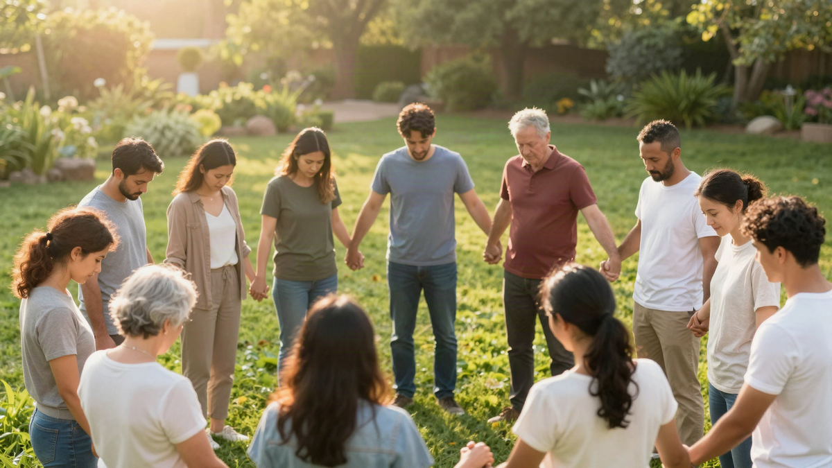 Diverse group of Christians holding hands in a circle of prayer in a sunlit garden