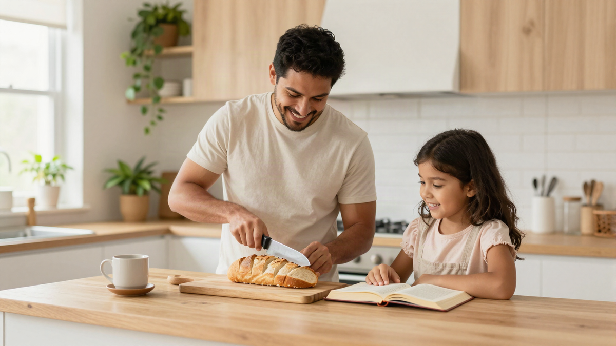 Father slicing fresh bread for his young daughter in a sunny kitchen with an open Bible on the counter