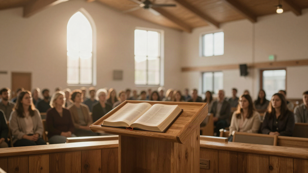 Open Bible on a wooden lectern in a sunlit church with a congregation in soft focus