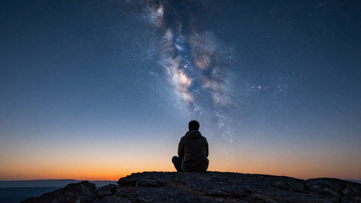 Person sitting on a hilltop at twilight looking up at the Milky Way