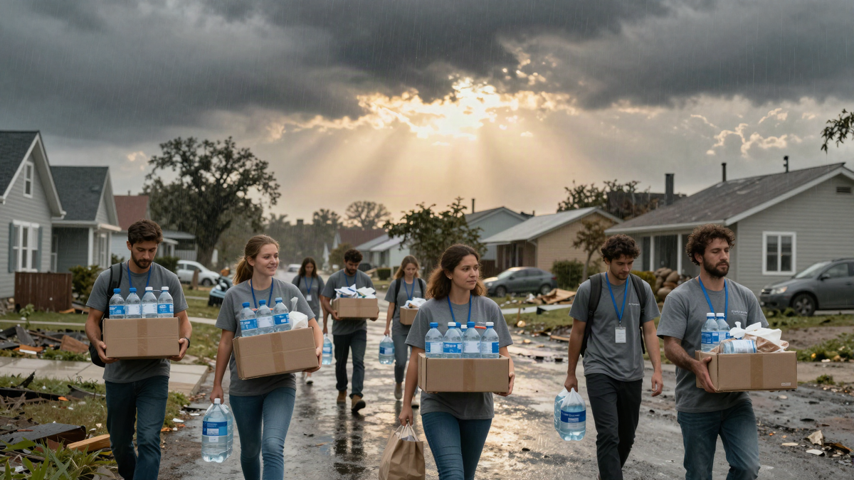 Volunteers carrying water and supplies through a storm-damaged neighbourhood as sunlight breaks through the clouds
