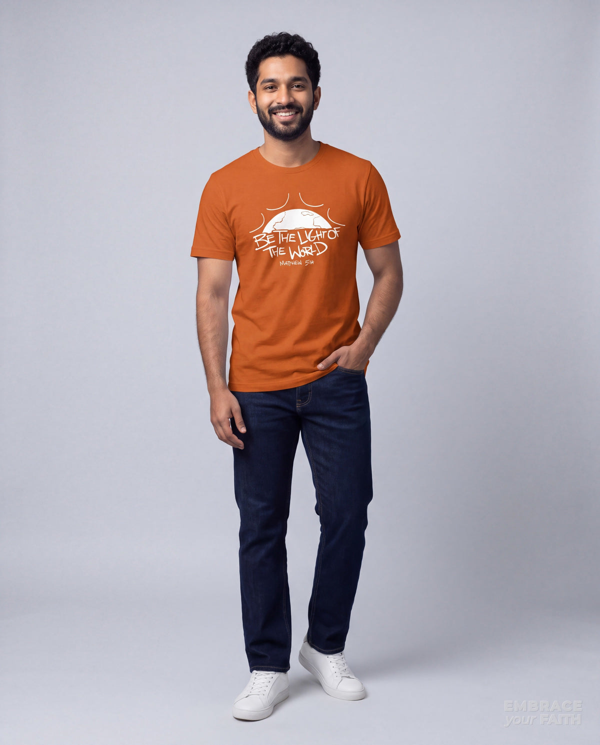 Be the Light of the World T-Shirt with white print in Autumn, worn by a model