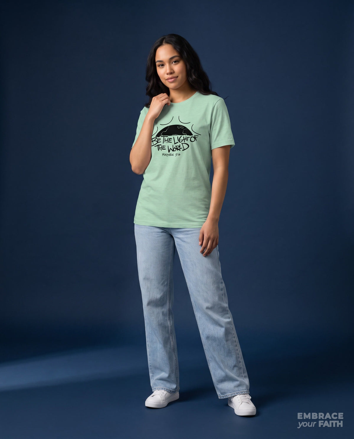 Be The Light of The World Classic Unisex T-Shirt in Heather Prism Mint, worn by a model