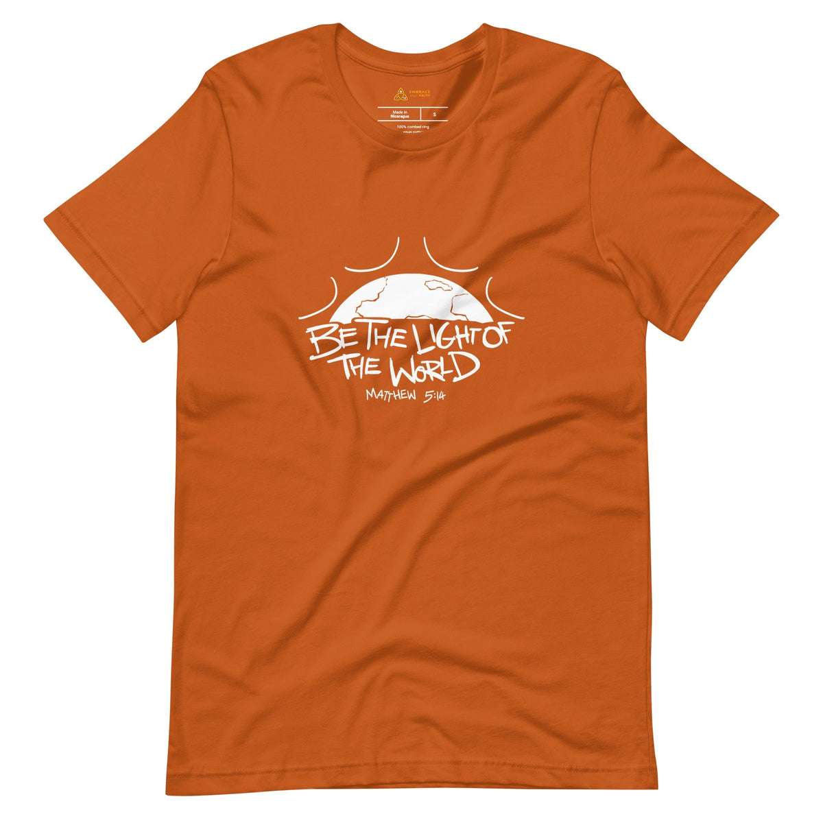 Be the Light of the World T-Shirt with white print in Autumn, front view – Matthew 5:14