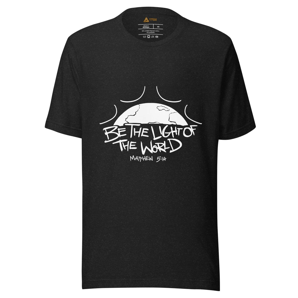 Be the Light of the World T-Shirt with white print in Black Heather, front view – Matthew 5:14