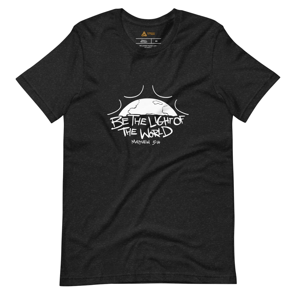 Be the Light of the World T-Shirt with white print in Black Heather, front view – Matthew 5:14
