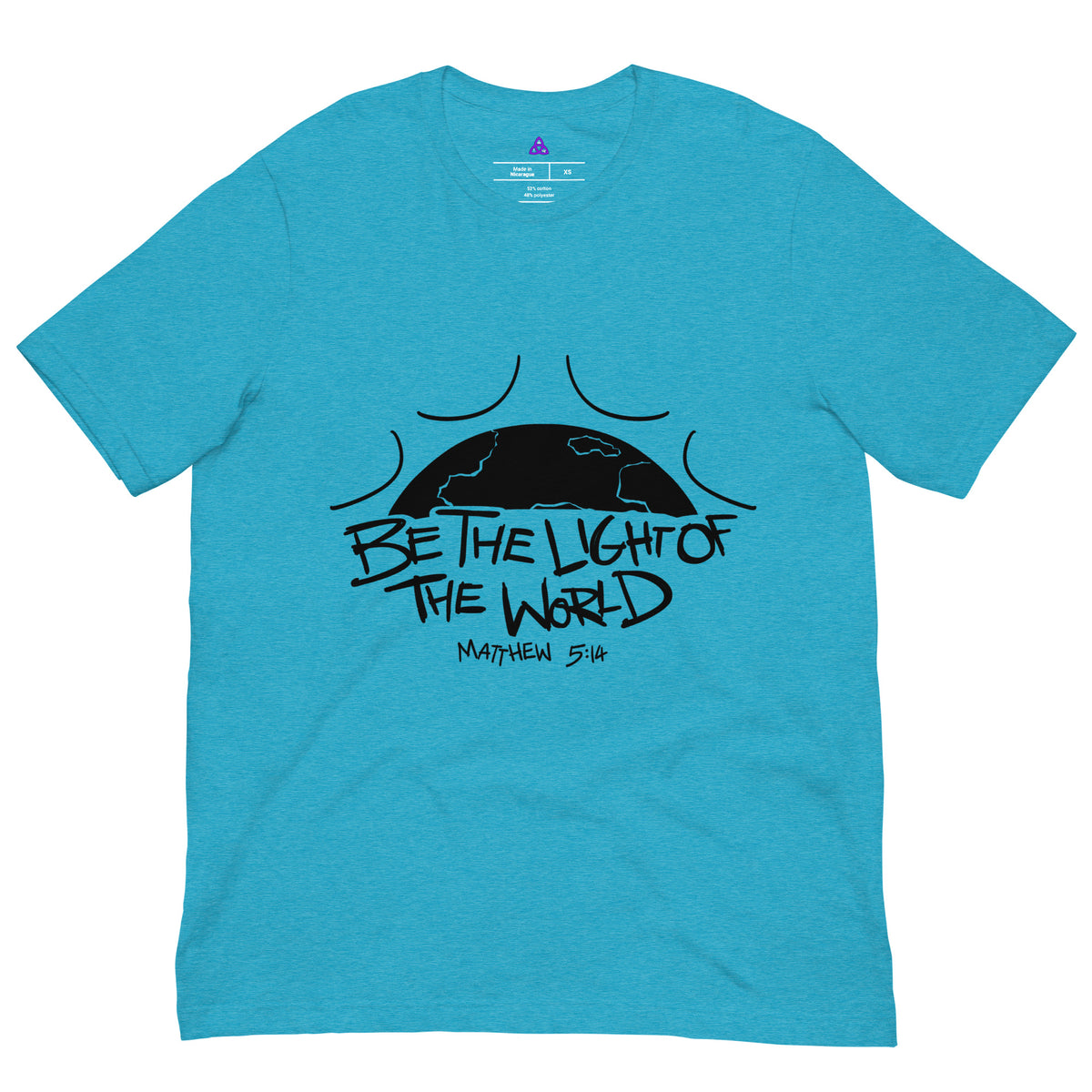Be the Light of the World T-Shirt with black print in Heather Aqua, front view – Matthew 5:14