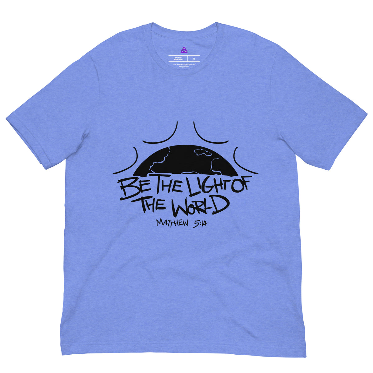 Be the Light of the World T-Shirt with black print in Heather Columbia Blue, front view – Matthew 5:14