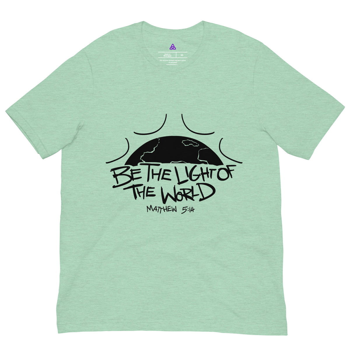 Be the Light of the World T-Shirt with black print in Heather Prism Mint, front view – Matthew 5:14