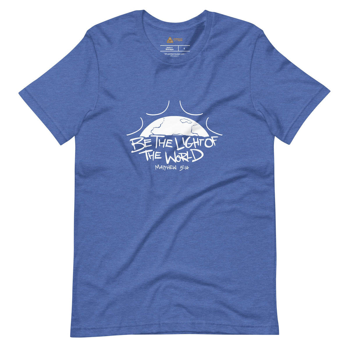 Be the Light of the World T-Shirt with white print in Heather True Royal, front view – Matthew 5:14