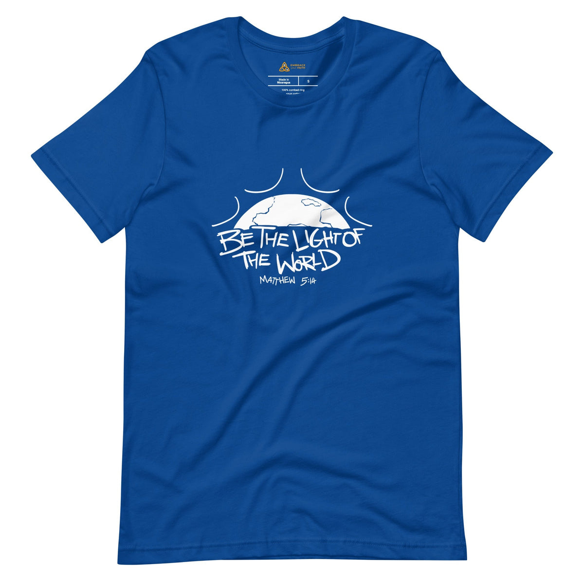 Be the Light of the World T-Shirt with white print in True Royal, front view – Matthew 5:14