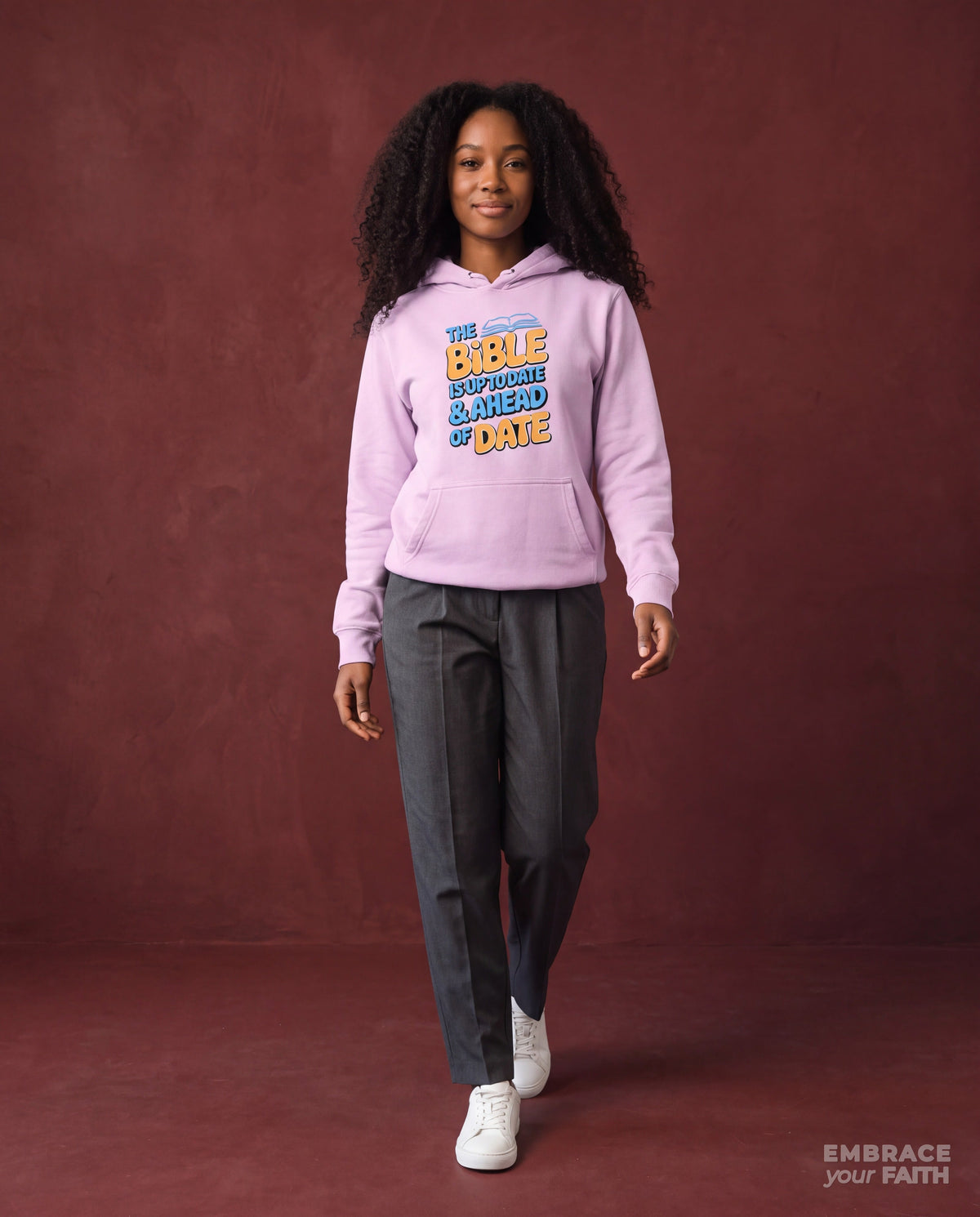 EYF model wearing the Bible is Up-to-Date and Ahead of Date Classic Unisex Hoodie in Lavender