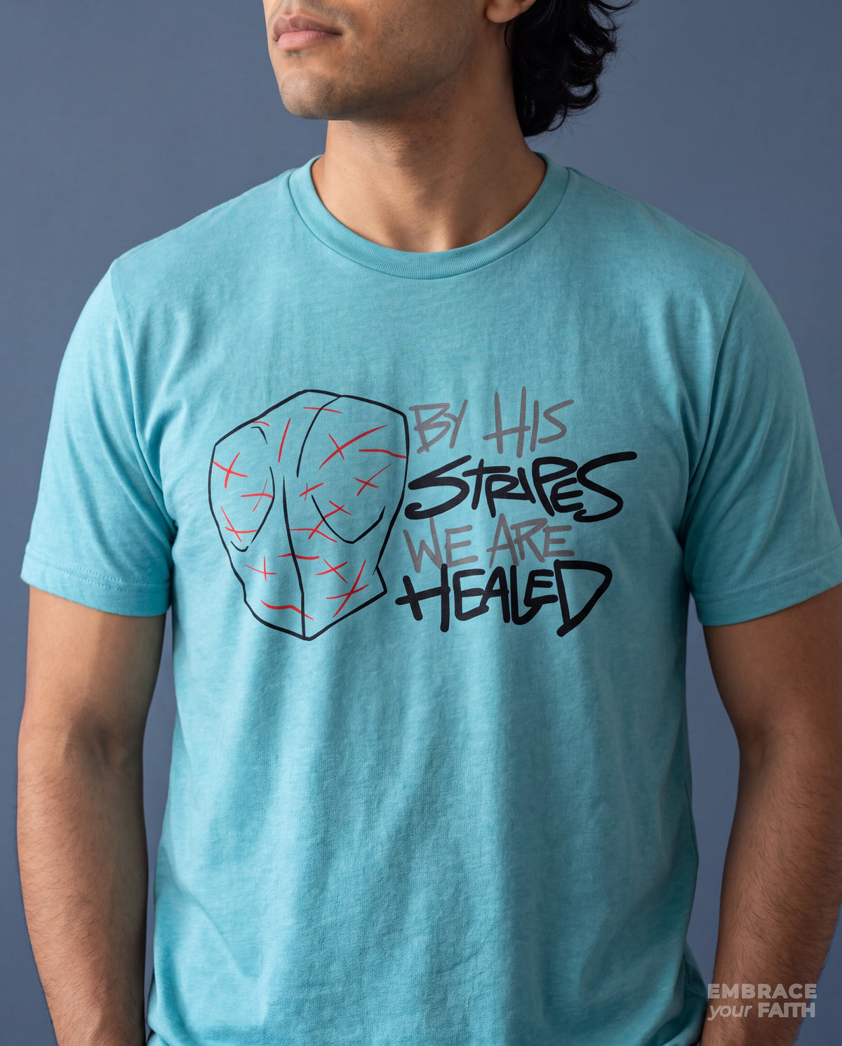 Close-up of the By His Stripes We Are Healed T-Shirt print in Heather Aqua