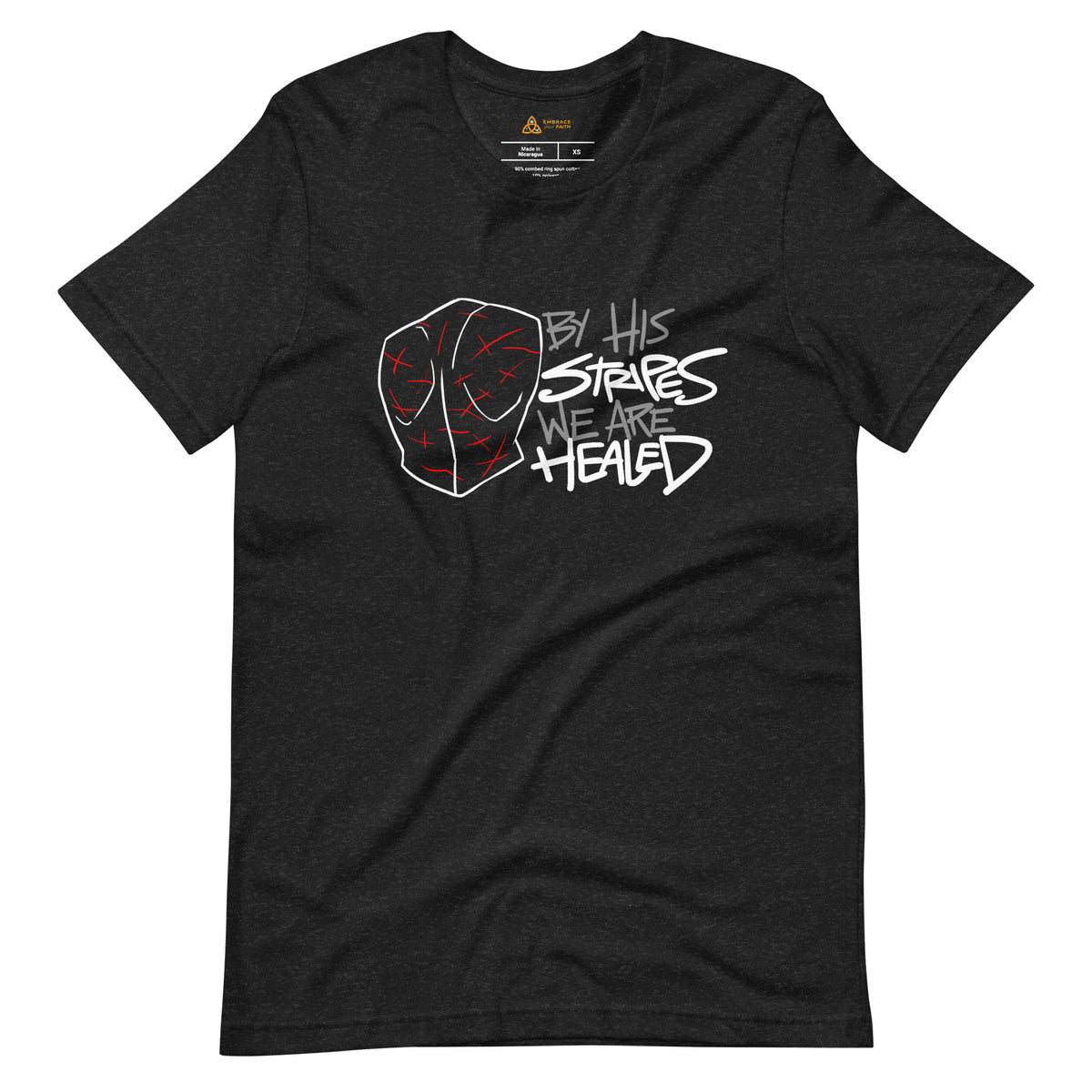 By His Stripes We Are Healed T-Shirt with white print in Black Heather, front view – Isaiah 53:5
