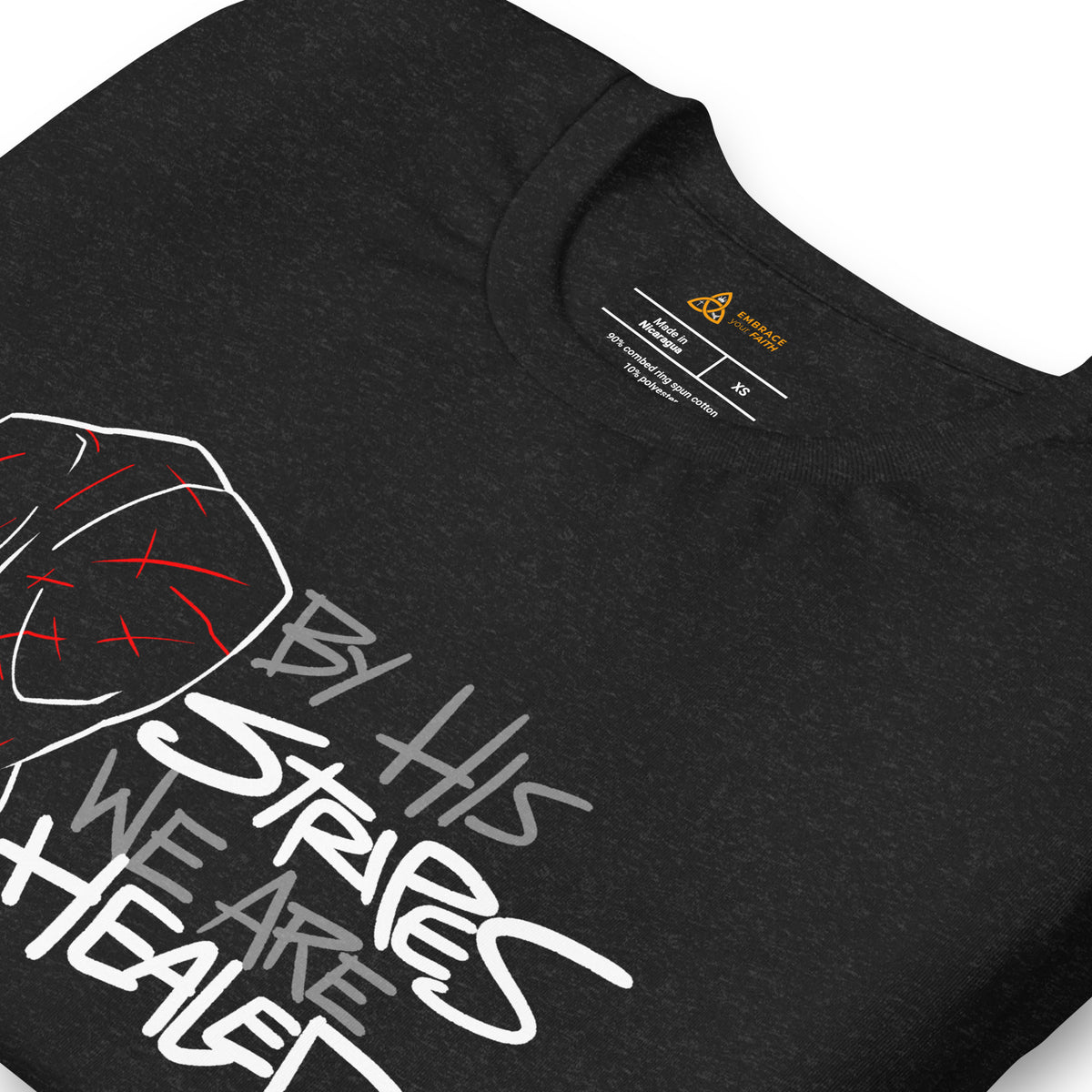 Close-up of the By His Stripes We Are Healed T-Shirt print in Black Heather – Isaiah 53:5
