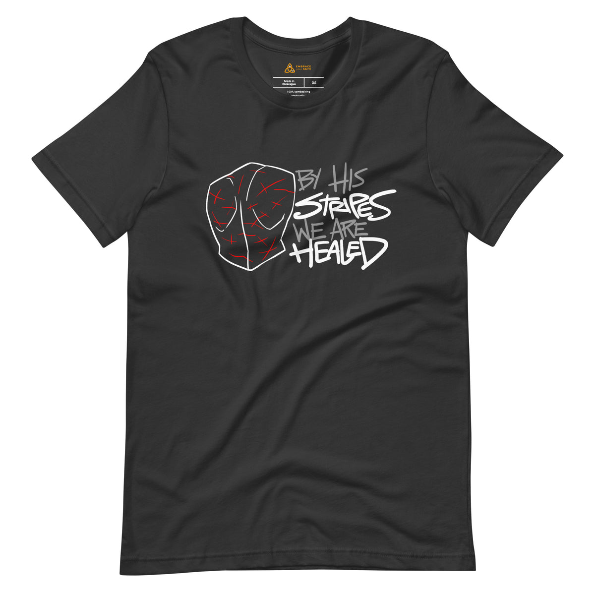 By His Stripes We Are Healed T-Shirt with white print in Dark Grey, front view – Isaiah 53:5