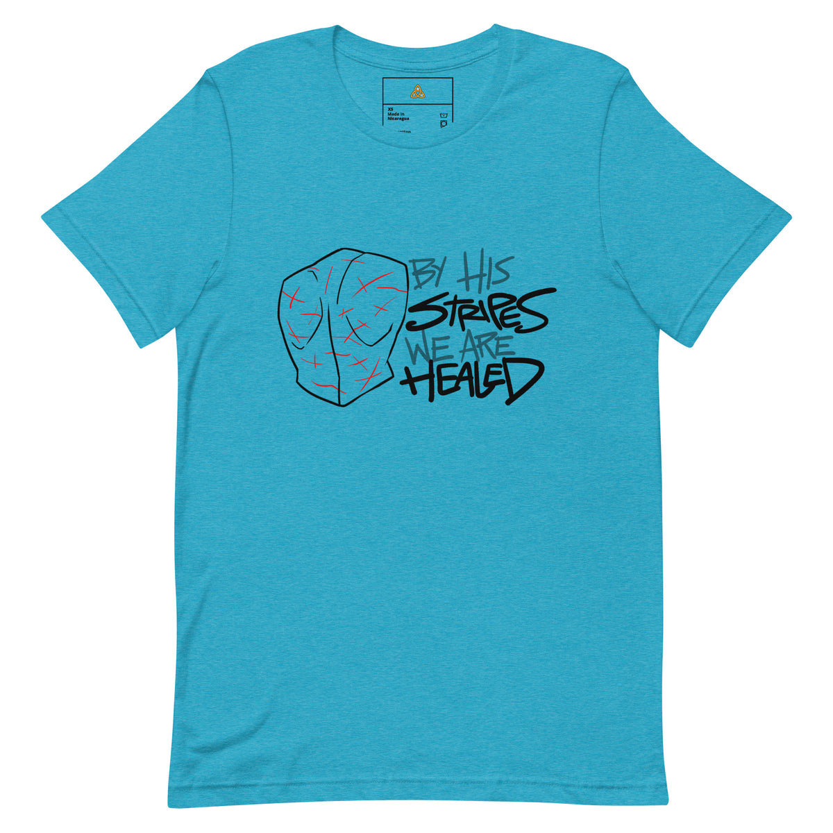 By His Stripes We Are Healed T-Shirt with black print in Heather Aqua, front view – Isaiah 53:5
