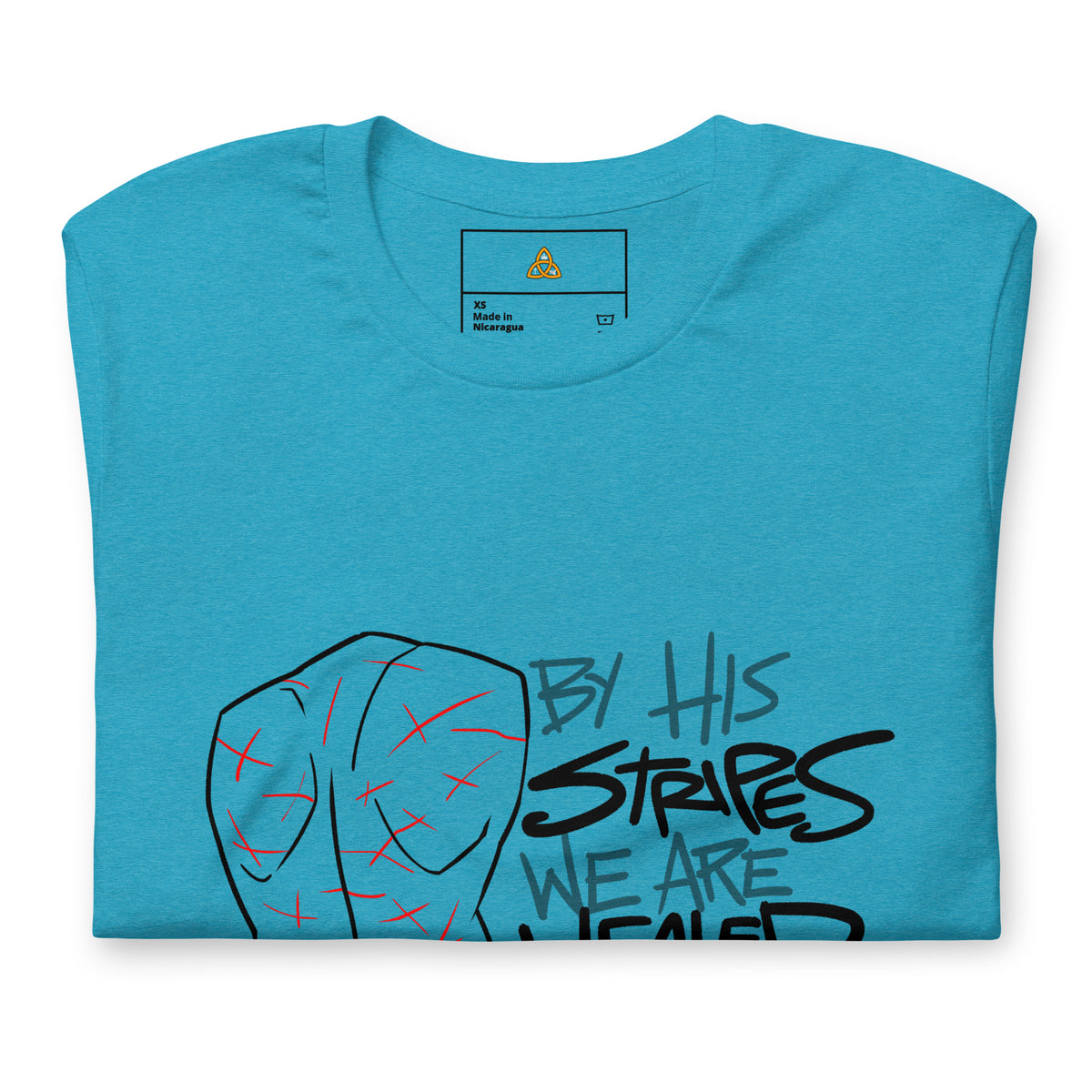 By His Stripes We Are Healed T-Shirt with black print in Heather Aqua, front view – Isaiah 53:5