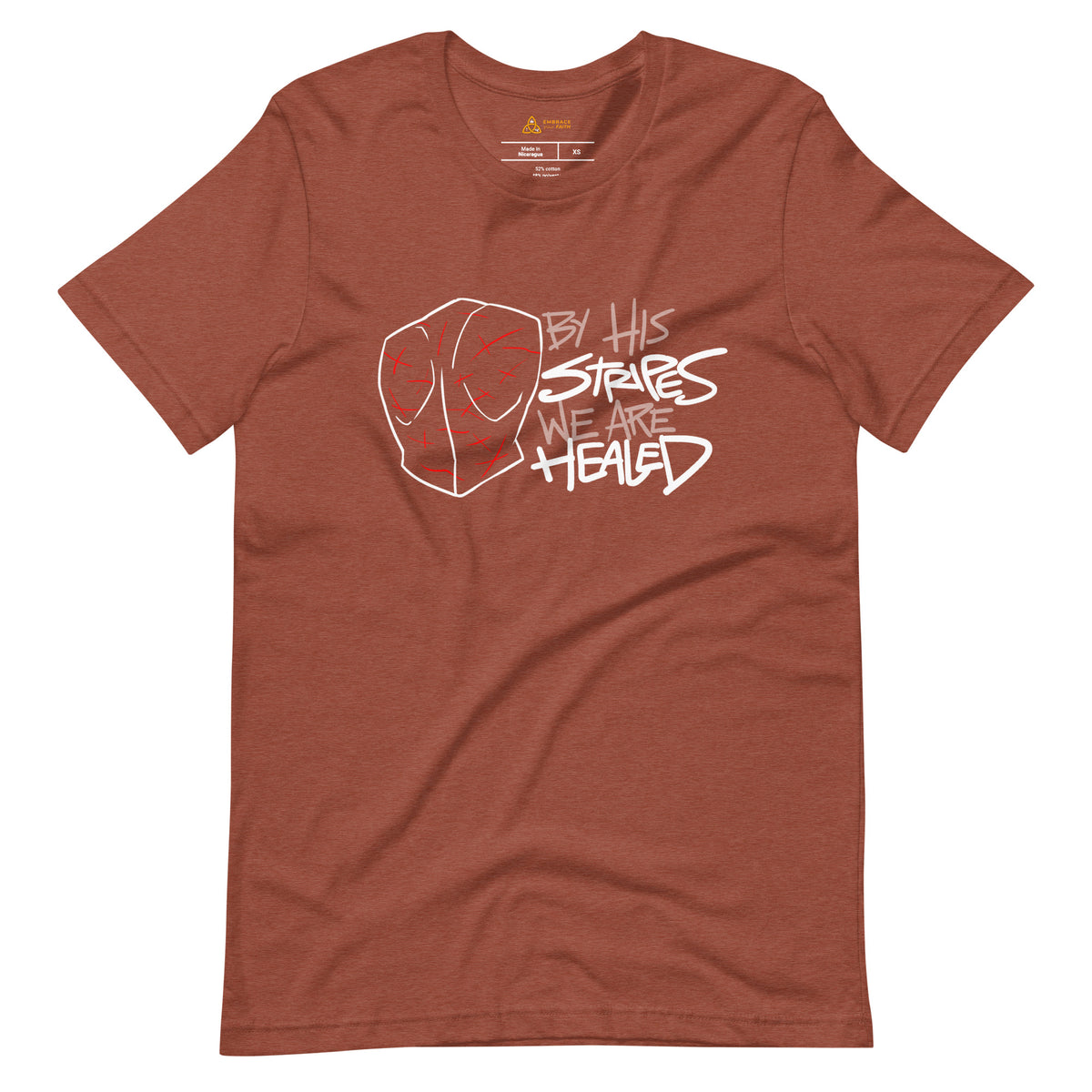 By His Stripes We Are Healed T-Shirt with white print in Heather Clay, front view – Isaiah 53:5