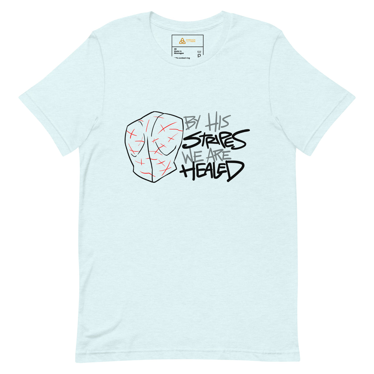 By His Stripes We Are Healed T-Shirt with black print in Heather Ice Blue, front view – Isaiah 53:5