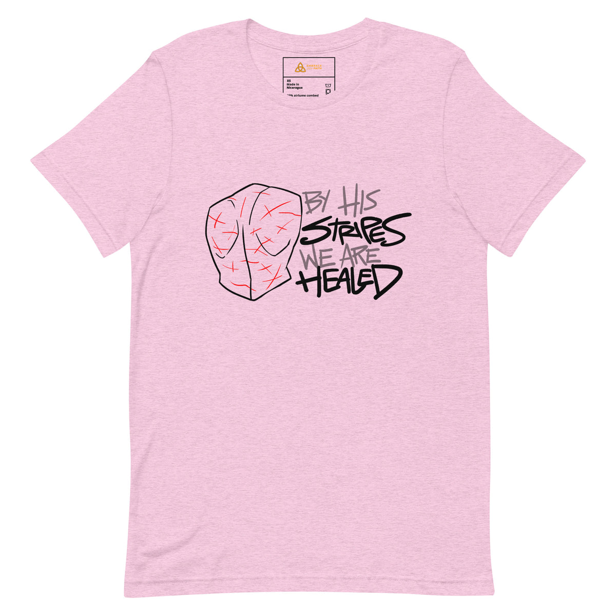 By His Stripes We Are Healed T-Shirt with black print in Heather Prism Lilac, front view – Isaiah 53:5