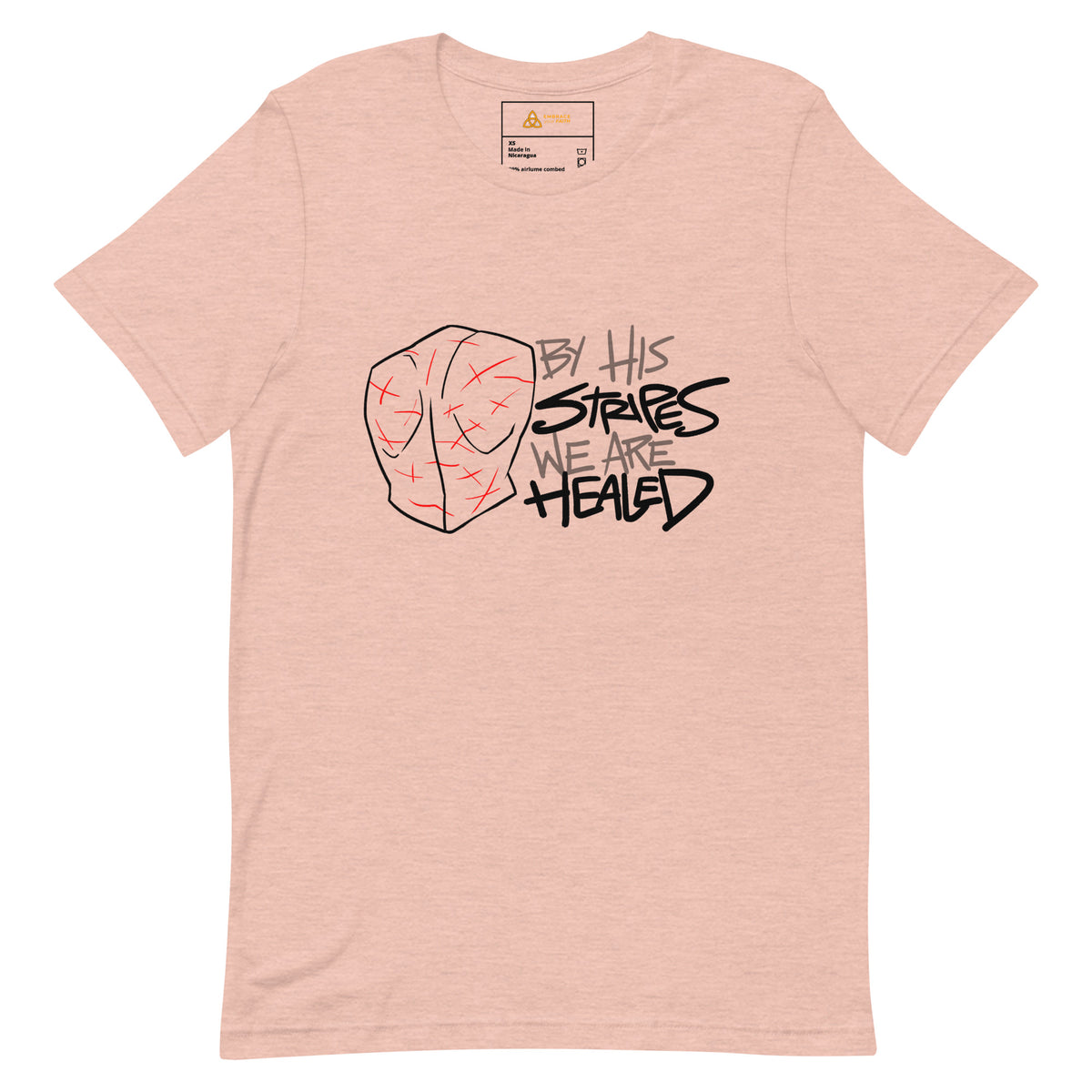 By His Stripes We Are Healed T-Shirt with black print in Heather Prism Peach, front view – Isaiah 53:5