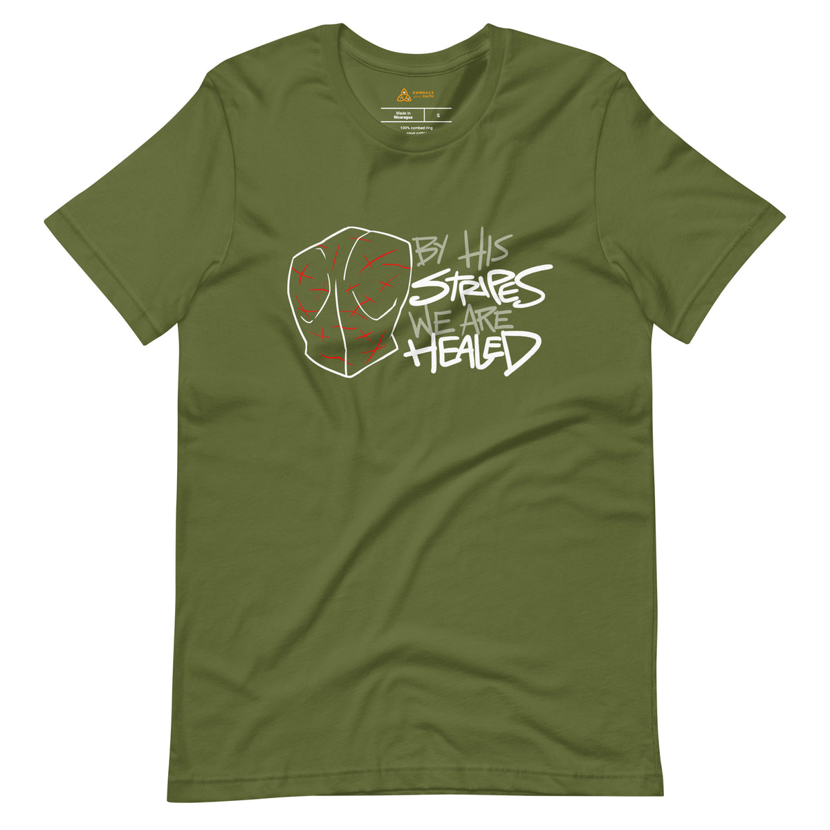 By His Stripes We Are Healed T-Shirt with white print in Olive, front view – Isaiah 53:5