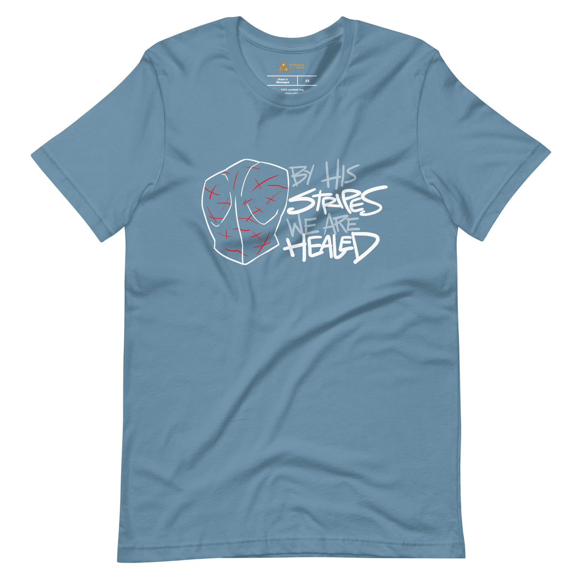 By His Stripes We Are Healed T-Shirt with white print in Steel Blue, front view – Isaiah 53:5