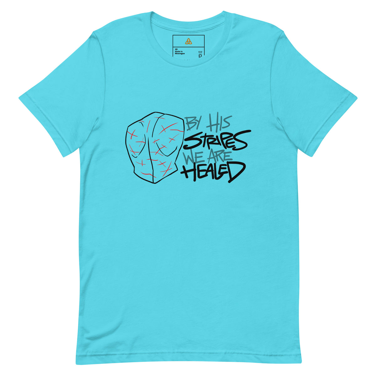 By His Stripes We Are Healed T-Shirt with black print in Turquoise, front view – Isaiah 53:5