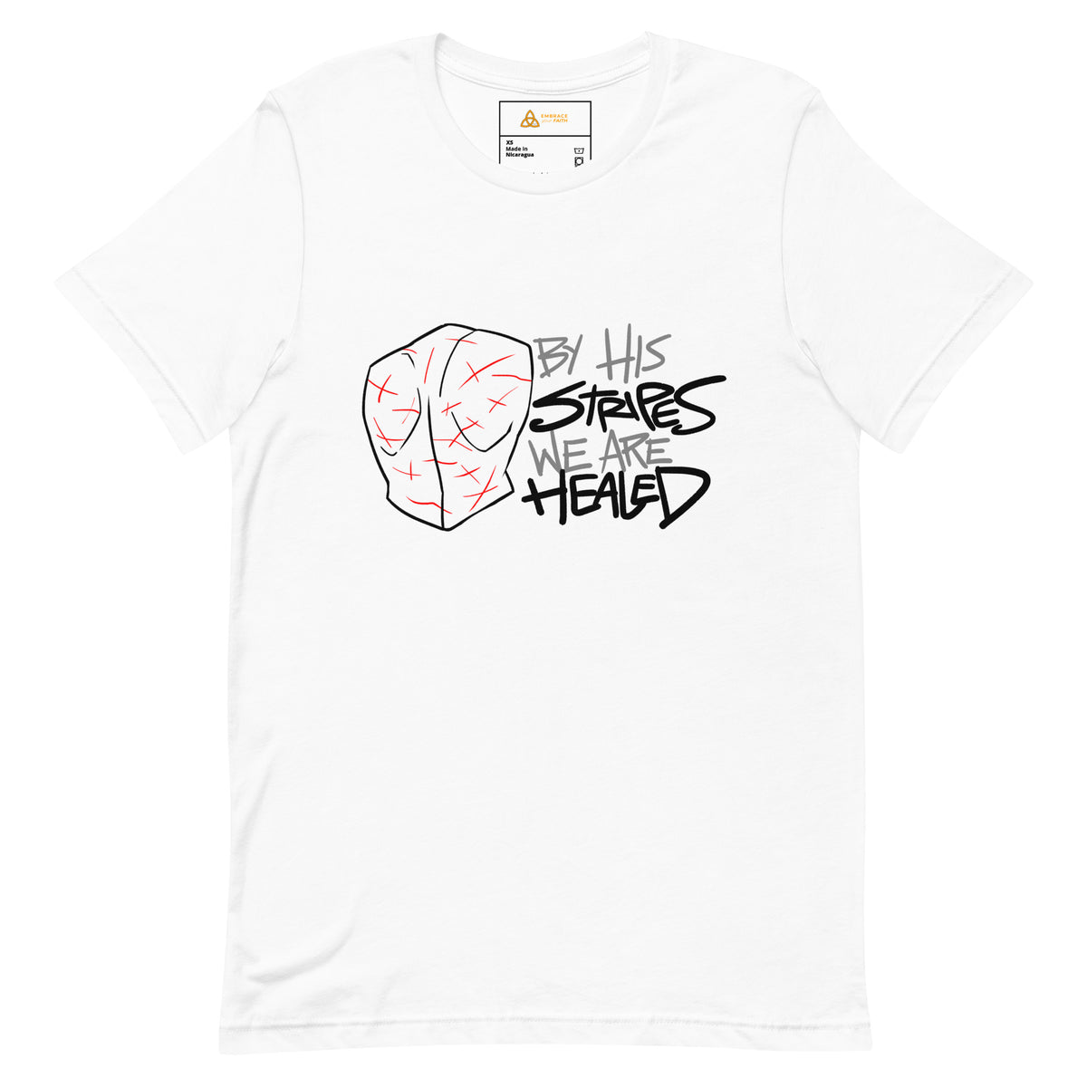 By His Stripes We Are Healed T-Shirt with black print in White, front view – Isaiah 53:5