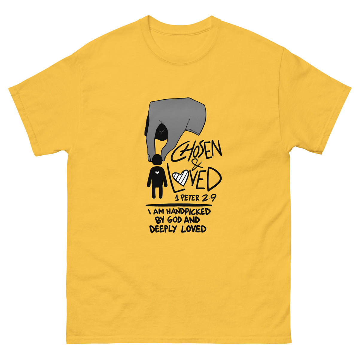 Chosen & Loved T-Shirt in Daisy, front view – 1 Peter 2:9