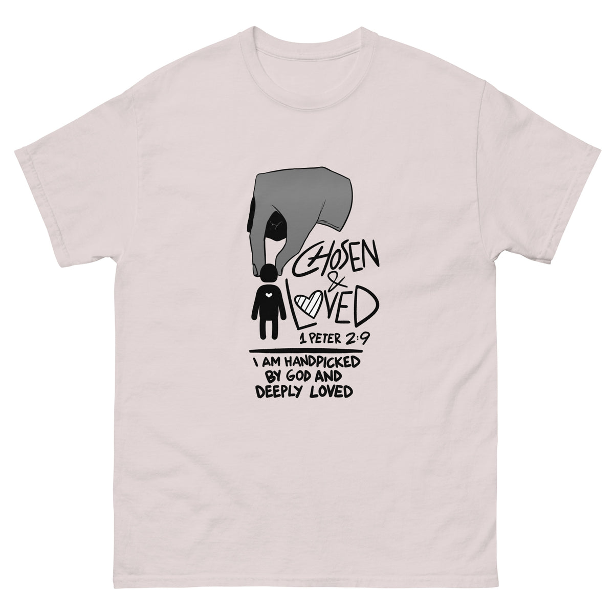 Chosen & Loved T-Shirt in Ice Grey, front view – 1 Peter 2:9