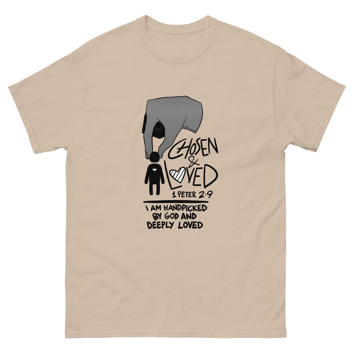 Chosen & Loved T-Shirt in Sand, front view – 1 Peter 2:9