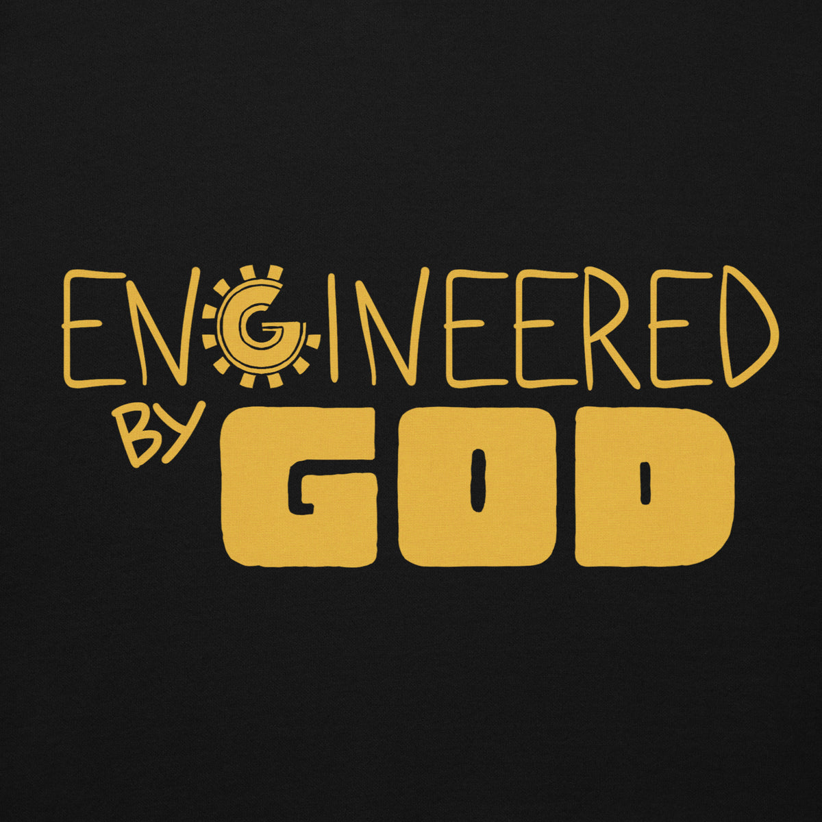 Engineered by God Hoodie with golden hologram print in Black, front view