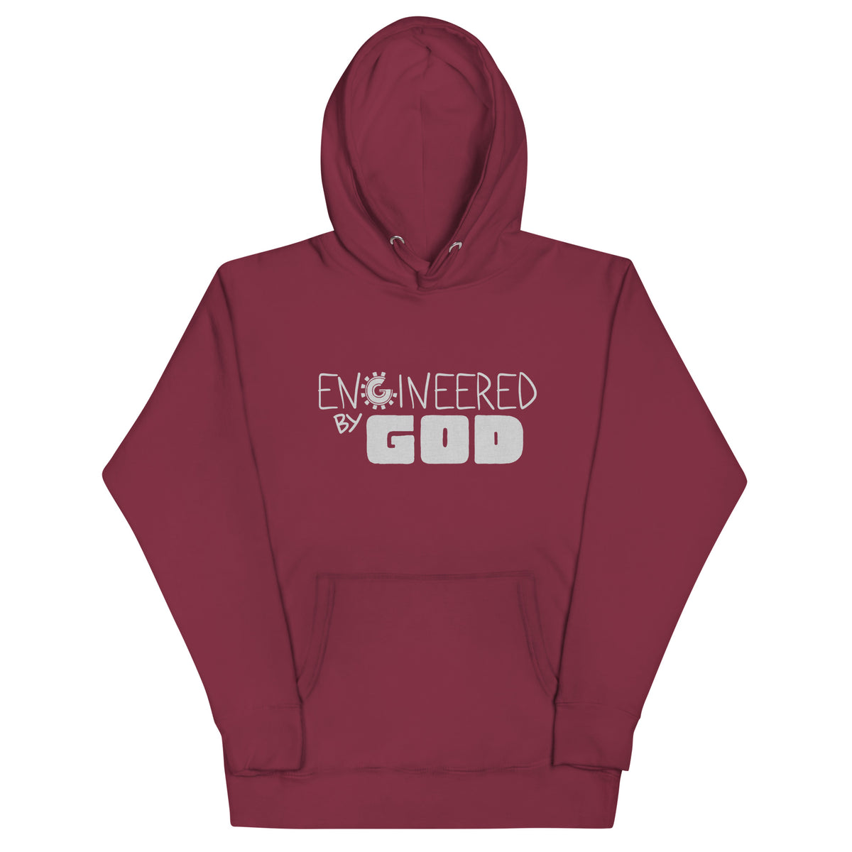Engineered by God Hoodie in Maroon, front view