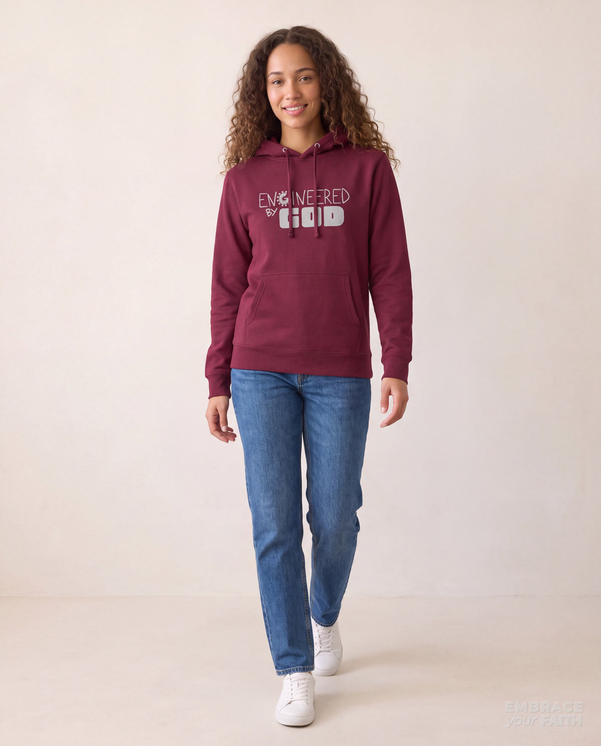 EYF model wearing the Engineered By God Classic Unisex Hoodie in Maroon