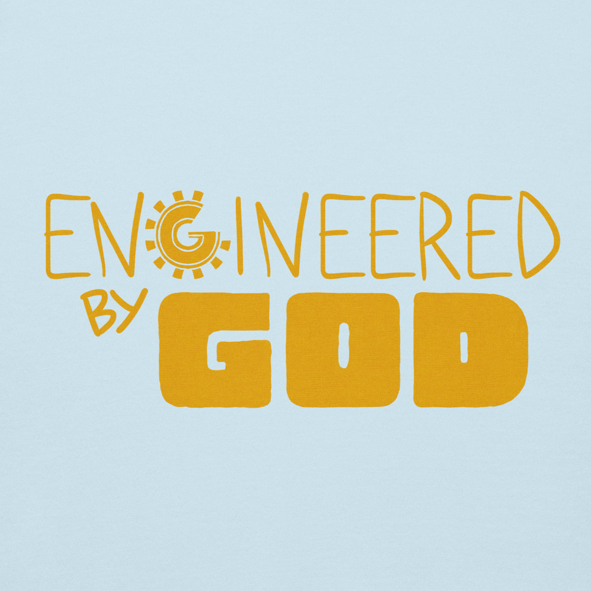 Engineered by God Hoodie with golden hologram print in Sky Blue, front view