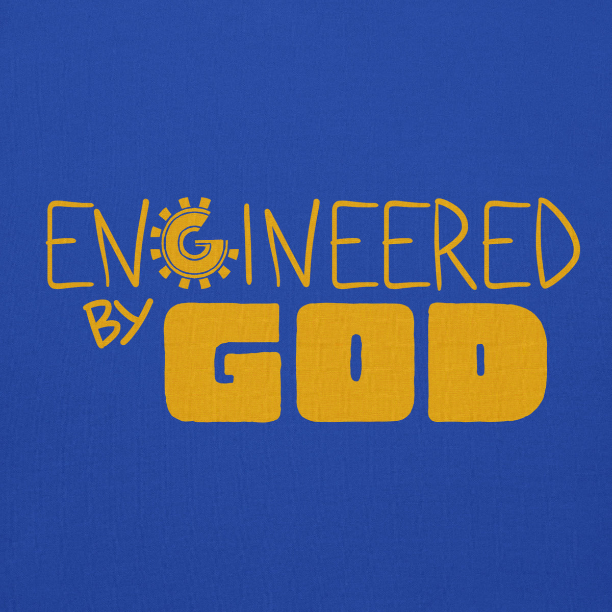 Engineered by God Hoodie with golden hologram print in Team Royal, front view