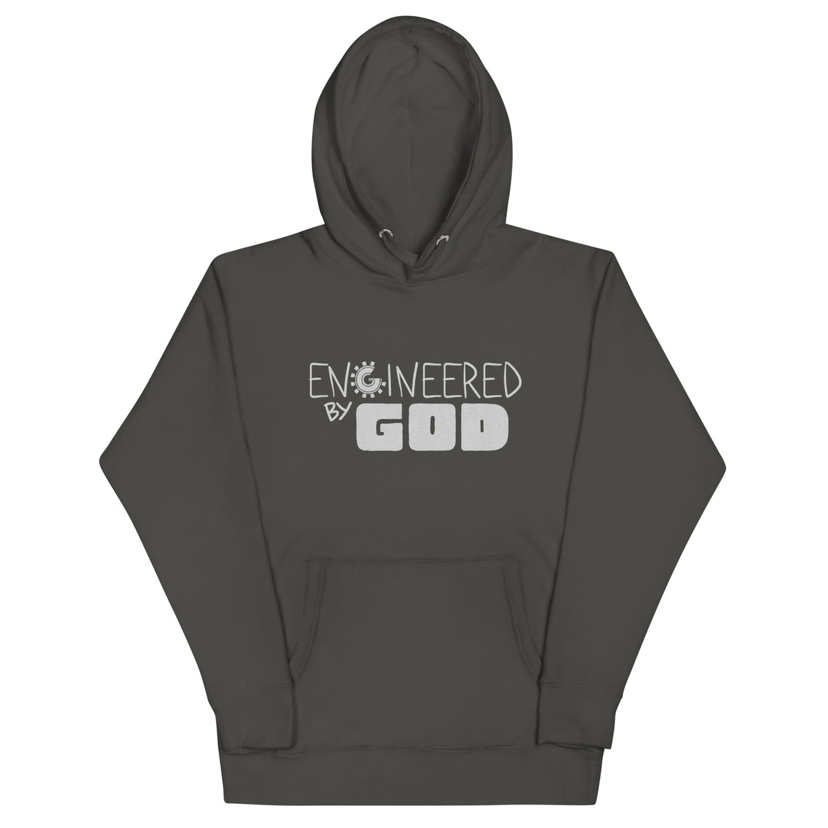 Engineered by God Hoodie in Vintage Black, front view