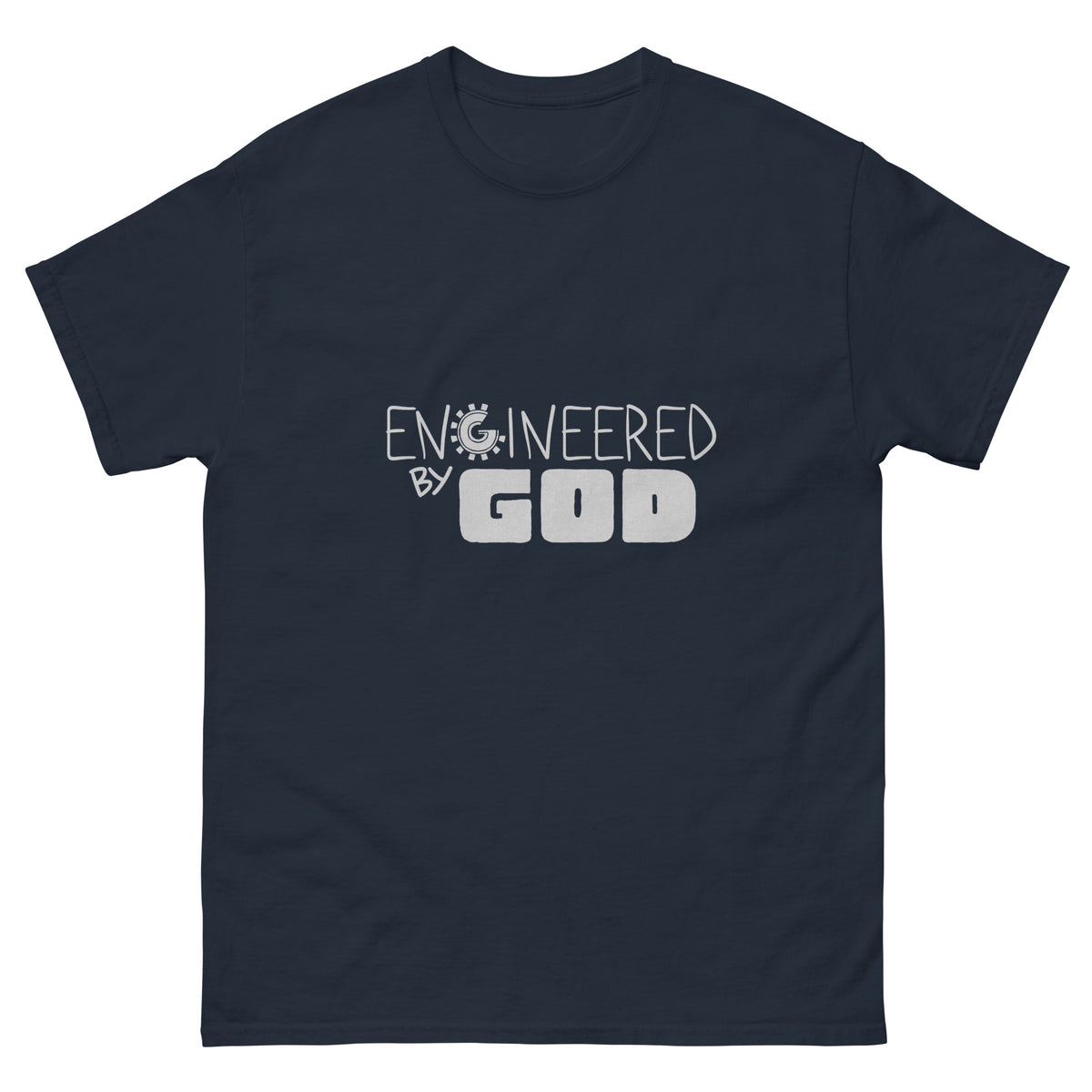 Engineered by God T-Shirt in Navy, front view