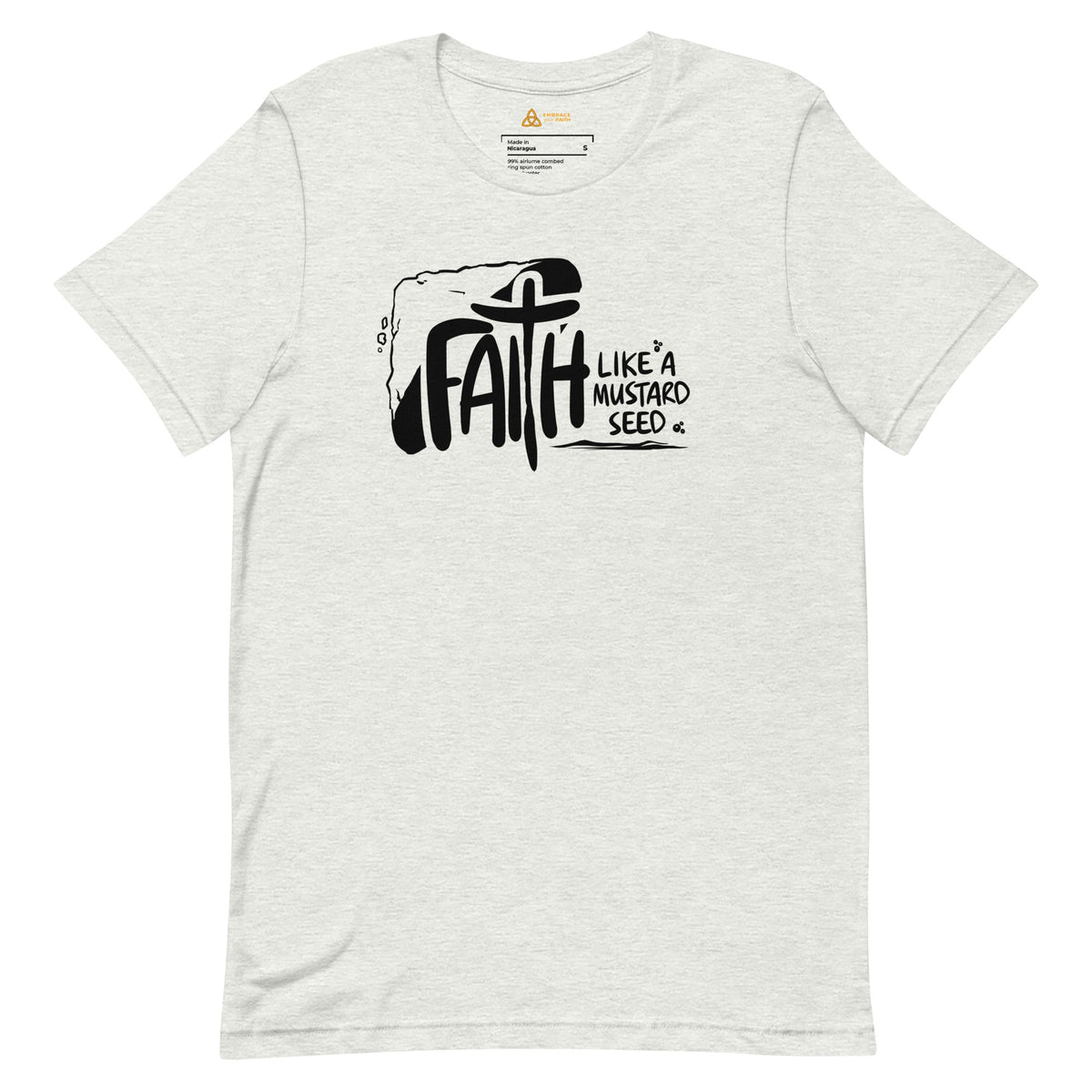 Faith Like a Mustard Seed T-Shirt in Ash, front view – Matthew 17:20