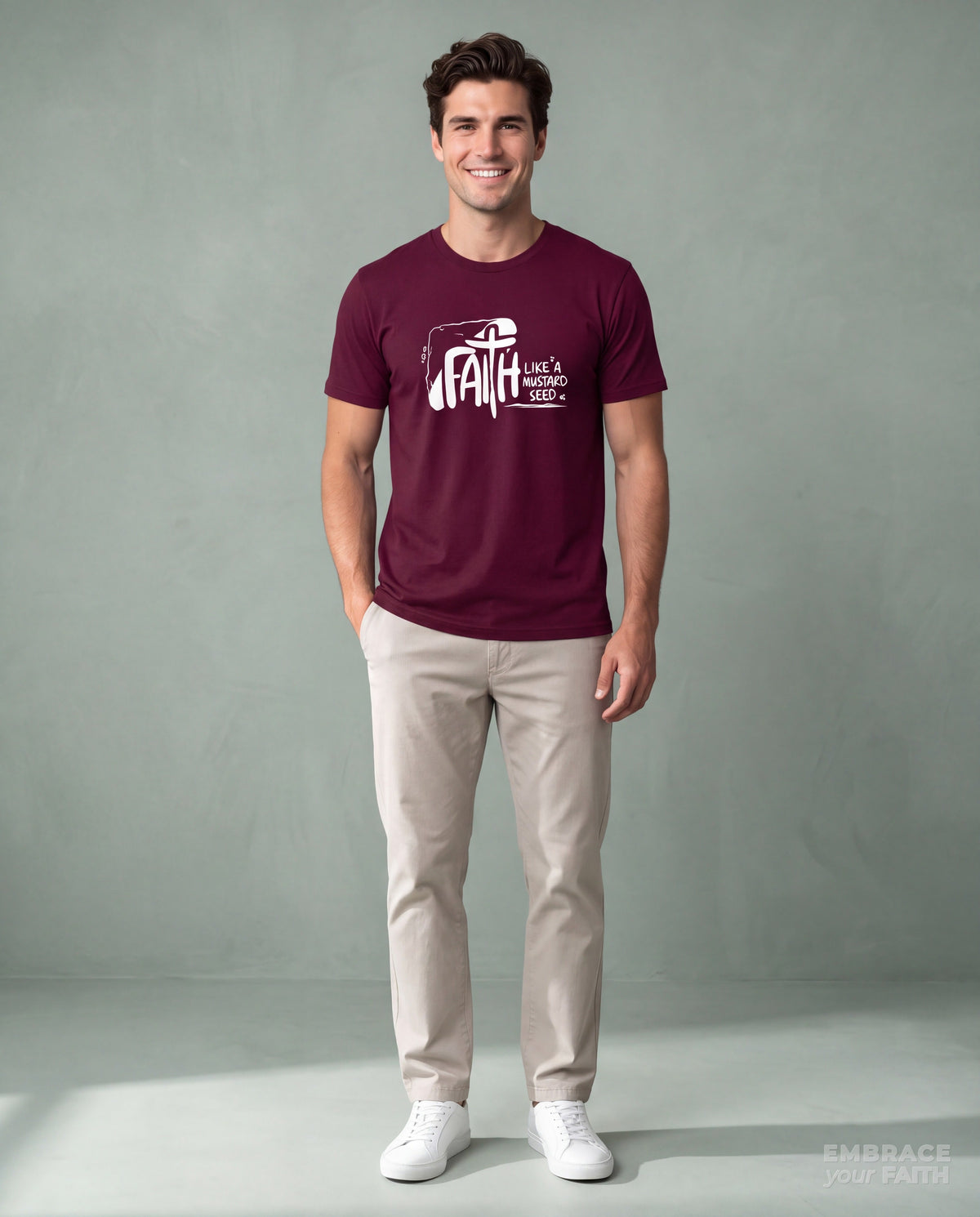 EYF model wearing the Faith Like a Mustard Seed Classic Unisex T-Shirt in Maroon