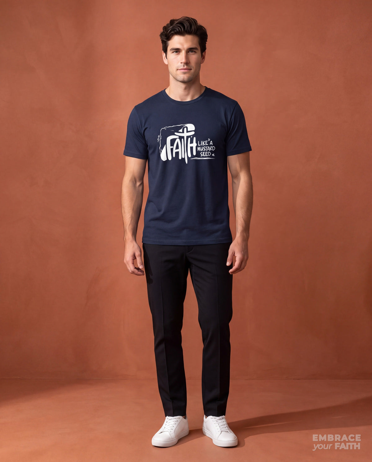 EYF model wearing the Faith Like a Mustard Seed Classic Unisex T-Shirt in Navy