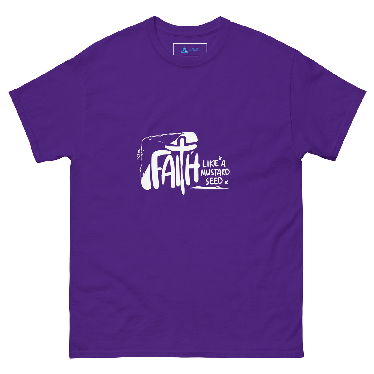 Faith Like a Mustard Seed T-Shirt in Purple, front view – Matthew 17:20