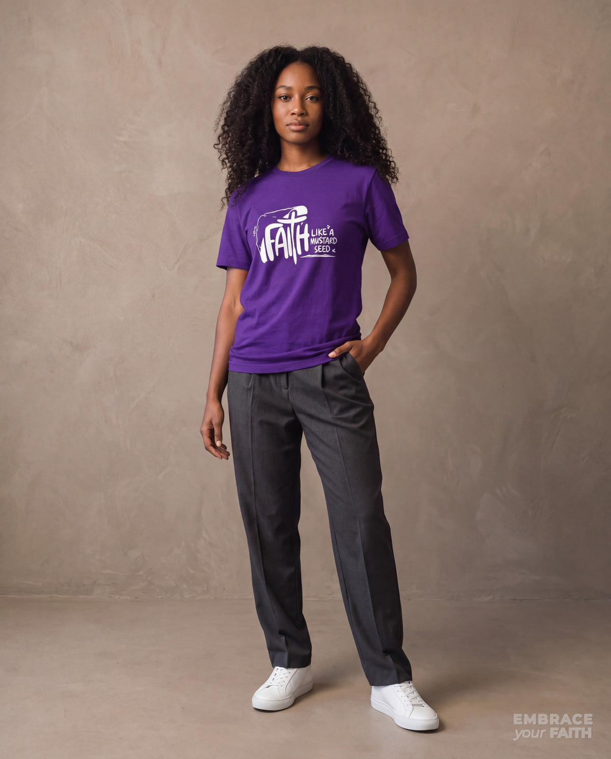EYF model wearing the Faith Like a Mustard Seed Classic Unisex T-Shirt in Purple