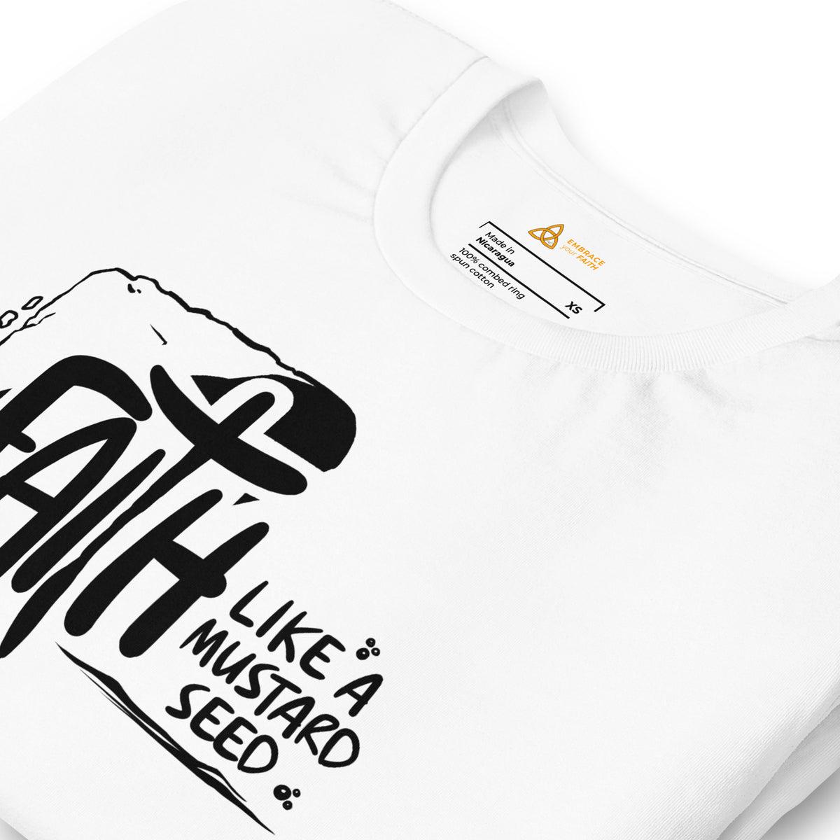 Close-up of the Faith Like a Mustard Seed T-Shirt print in White – Matthew 17:20