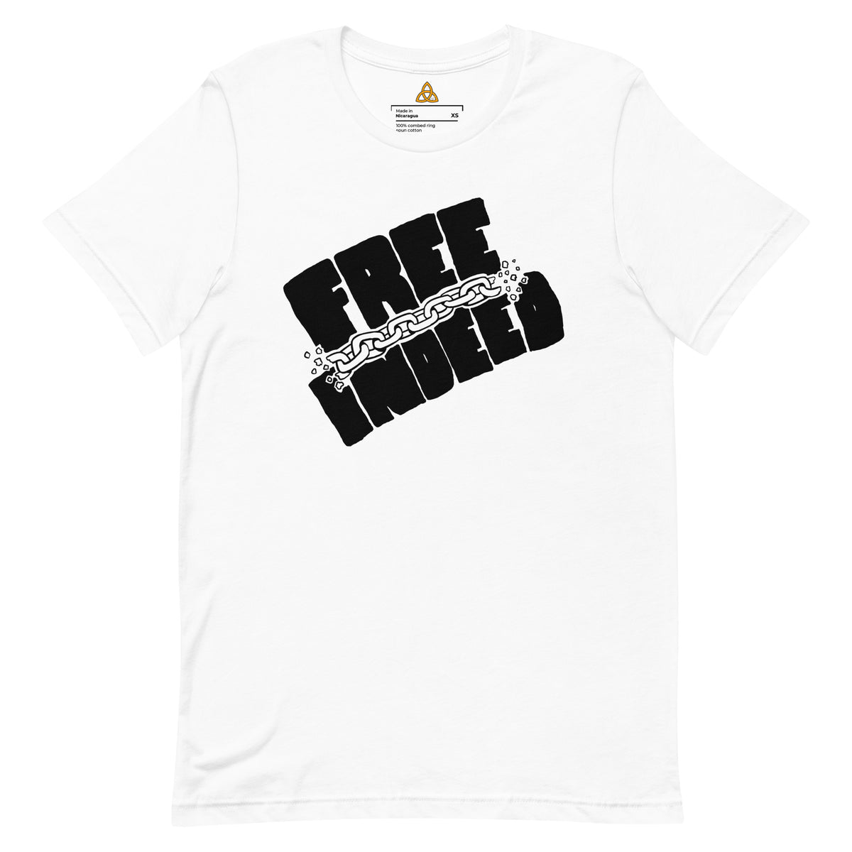 Free Indeed T-Shirt in White, front view – John 8:36