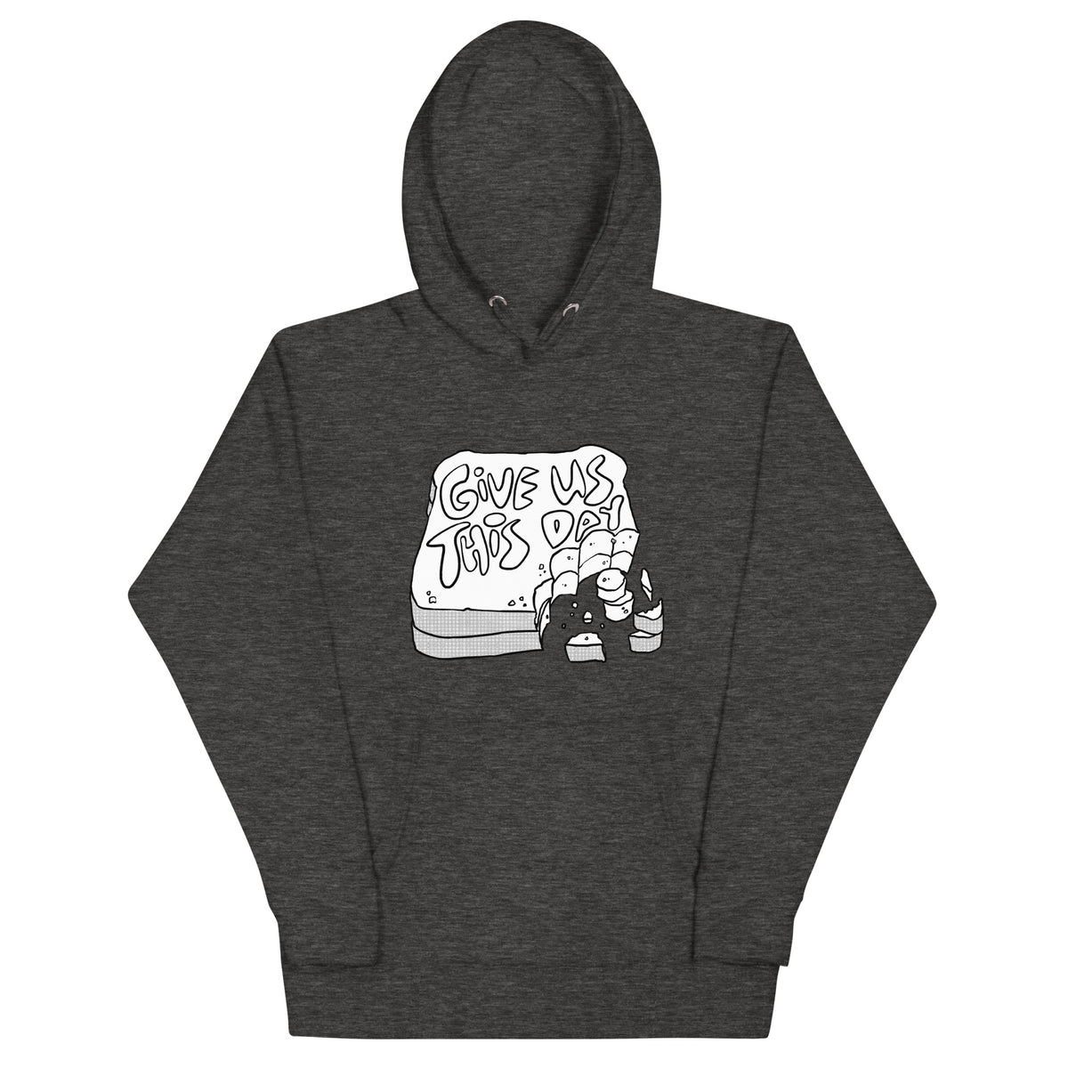 Give Us This Day Hoodie in Charcoal Heather, front view – Matthew 6:11