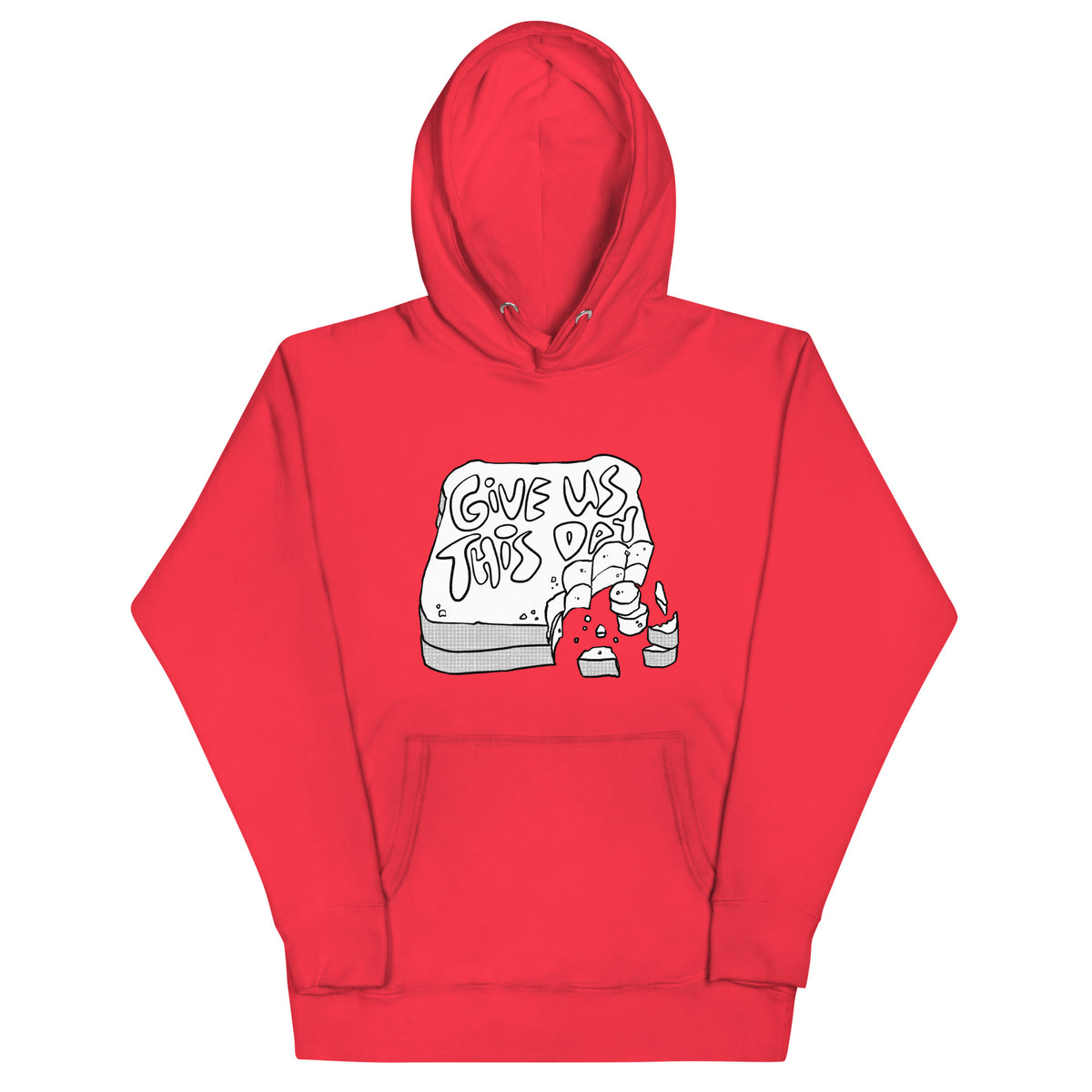 Give Us This Day Hoodie in Team Red, front view – Matthew 6:11